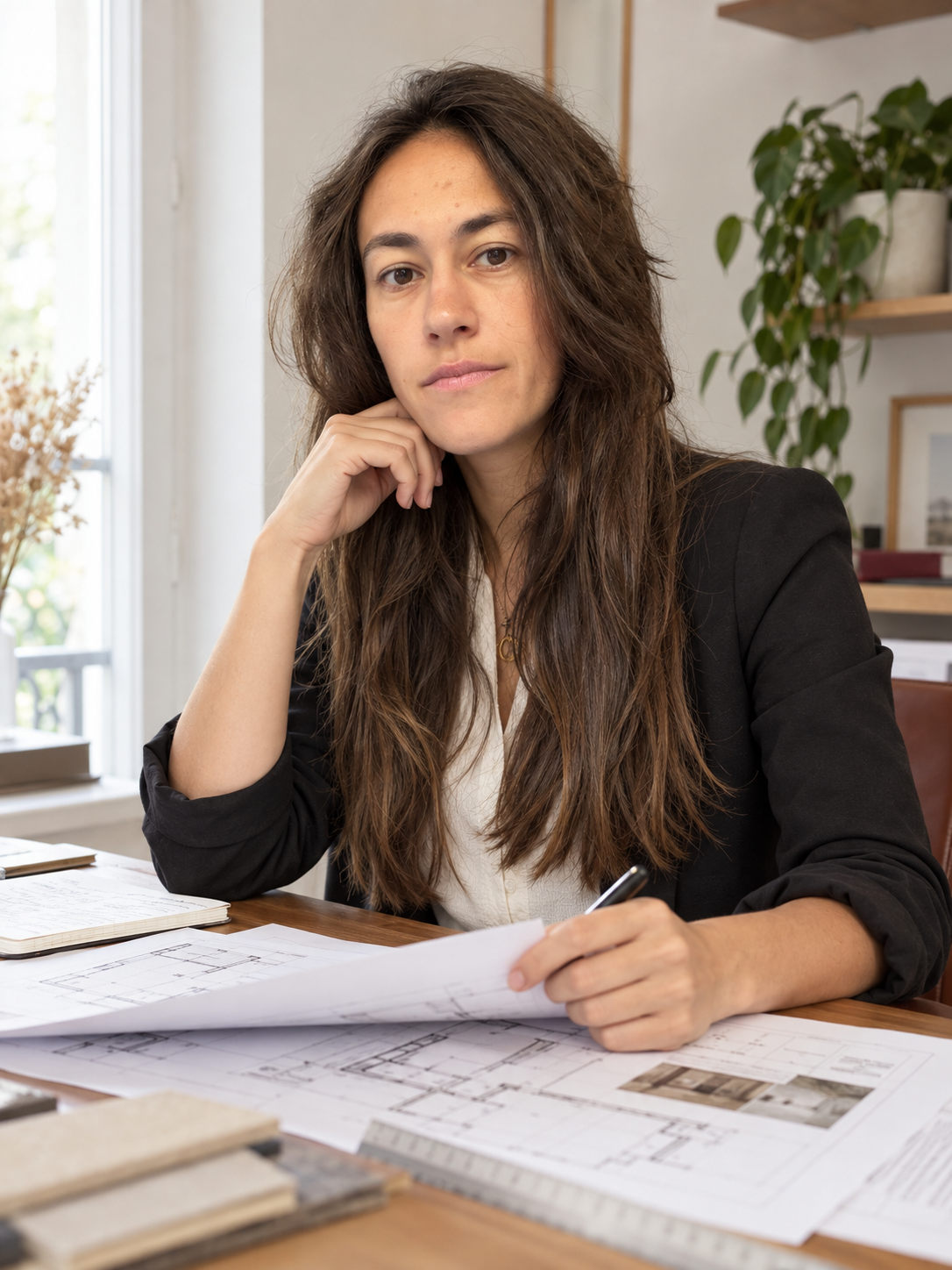 Laura Dallagiacoma à son bureau avec des plans