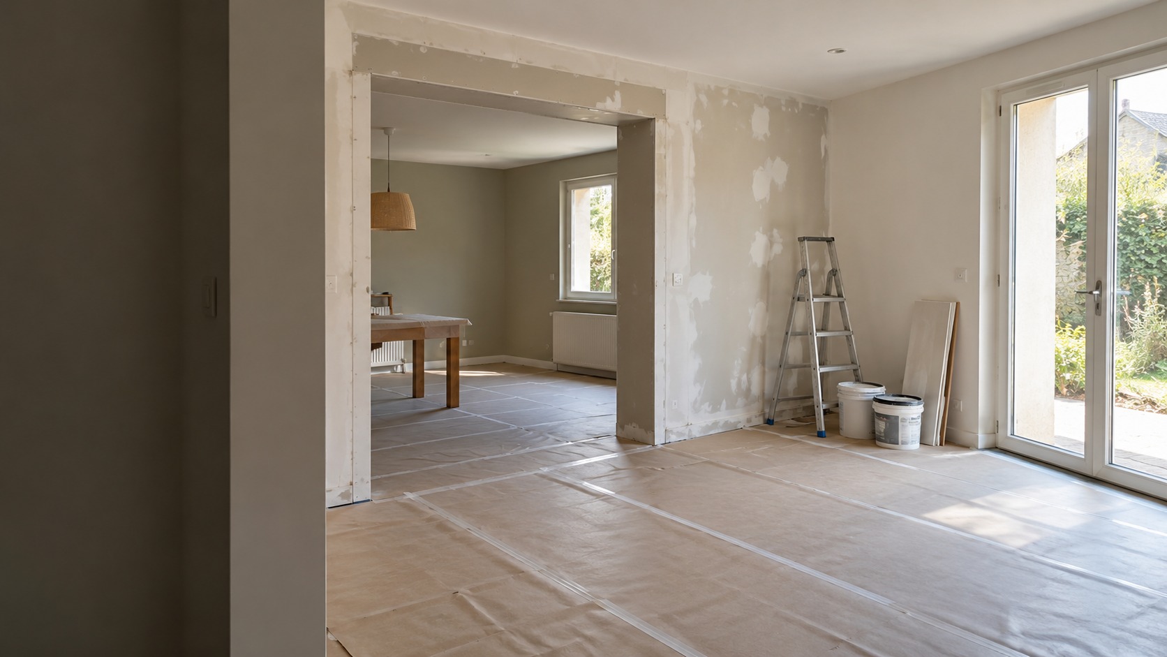 Pièce de vie en cours de rénovation, avec sols protégés et travaux de finition en préparation